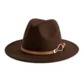 Close-up detail of the brown fedora hat featuring a stylish tan leather belt and metal buckle. - M (56-58cm) / Coffee