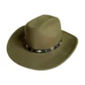 Close-up detail view of the olive green felt western cowboy hat with metal studded band. - Army Green