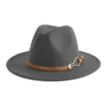Classic grey wool fedora hat with brown leather belt and metal buckle for unisex fashion. - M (56-58cm) / Gray