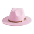 Close-up detail of the pink fedora hat, featuring a brown leather strap and gold buckle. - M (56-58cm) / Light Pink