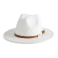 Close-up detail of the white fedora hat showing brown leather belt and gold metal buckle. - M (56-58cm) / White