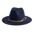 Dark blue fedora hat with brown leather belt and gold metal buckle, stylish autumn accessory. - M (56-58cm) / Navy Blue