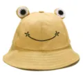 Close-up detail of cute frog bucket hat with smiling face embroidery and 3D frog eyes. - M (56-58cm) / Khaki