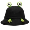 Close-up view of the black bucket hat showcasing detailed 3D green frog eyes and embroidered frog feet. - M (56-58cm) / Black Frog