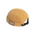 Khaki canvas miki hat detail view, retro docker cap with back strap and woven brand patch. - M (56-58cm) / Khaki