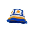 Handmade crochet bucket hat with floral granny square pattern and colorful stripes for women. - M (56-58cm) / Color Block Floral - Blue