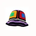 Retro colorful crochet bucket hat for women, handmade knit patchwork winter warm cap - M (56-58cm) / Retro Color Block - Purple Brim