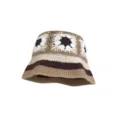 Vintage Crochet Bucket Hat Brown Floral Knit Fisherman Hat Casual Warm Winter Hat - M (56-58cm) / Color Block Floral - Light Khaki