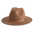 Classic brown felt fedora hat with leather belt and metal buckle for men and women. - M (56-58cm) / Brown