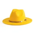 Yellow wool fedora hat for women men vintage British jazz cap with brown leather belt buckle - M (56-58cm) / Yellow