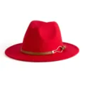 Red fedora hat for women and men, classic wool felt panama hat with stylish belt buckle. - M (56-58cm) / Red