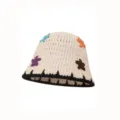 Retro handmade knit bucket hat with colorful floral accents for women autumn winter warm - M (56-58cm) / Star Pattern - Beige
