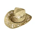 Detailed view of the hollowed raffia straw hat featuring a chic black and gold braided band. - M (56-58cm) / Black and Gold Woven Band