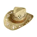 Hollow out straw cowboy hat with brown studded belt, summer beach sun protection raffia jazz hat. - M (56-58cm) / Brown Leather Belt with Rivets