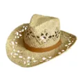 Detailed view of women summer hollow raffia straw jazz hat with brown belt beach sun hat. - M (56-58cm) / Thin Braided Cord