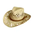 Close-up detail view of woven straw sun hat with cutout design and brown leather belt. - M (56-58cm) / Brown Belt with Large Buckle