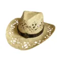 Women hollow straw hat summer beach sun hat raffia jazz hat with leather belt and flower decor - M (56-58cm) / Vintage Metal Flower Buckle