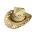 Woven straw cowboy hat with leather belt hollow summer beach sun protection jazz hat stylish - M (56-58cm) / Adjustable Leather Strap