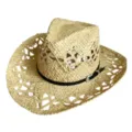 Close-up detail of women summer hollow straw sun hat raffia jazz hat with black belt decor - M (56-58cm) / Thin Black Belt with Silver Buckle