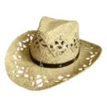 Close-up detail of the woven hollow straw hat with a stylish black leather star belt. - M (56-58cm) / Black Leather with Star Rivets