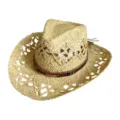 Detailed view of a stylish woven straw cowboy hat with cutout patterns and decorative band. - M (56-58cm) / Vintage Accented Decor Band