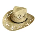 Detailed close-up of summer hollow woven straw hat with black leather belt for beach sunny days. - M (56-58cm) / Thin Black Belt with Metal Buckle