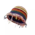 Vintage handmade colorblock knit bucket hat for women, autumn winter cozy cute casual wool cap. - M (56-58cm) / Rainbow Striped Tassel Style