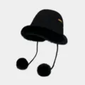 Black winter fleece-lined bucket hat with plush trim, earflaps, and cute pom-pom ties for women. - M (56-58cm) / Black