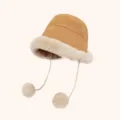 Thickened plush suede winter bucket hat with cute pom-pom earflap ties, warm and windproof. - M (56-58cm) / Camel