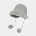 Grey Faux Suede Winter Bucket Hat with Faux Fur Trim Ear Flaps and Cute Pom Pom Strings Warm - M (56-58cm) / Gray