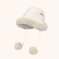 Fleece lined bucket hat with plush pom poms and ear flaps for women winter warm suede - M (56-58cm) / Off White