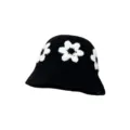 Black crochet bucket hat with white flower motifs, stylish Korean retro knit fisherman cap. - M (56-58cm) / Six-Petal Flower Style / Black