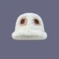Sombrero de pescador de conejo blanco para mujer, lindo león de ganchillo gorro cálido de invierno - M (56-58cm) / Blanco y Rosa Bloques de Color