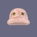Sombrero de cubo de felpa rosa con ojos de flores de ganchillo hechos a mano calido - M (56-58cm) / Rosa y Marrón Bloques de Color