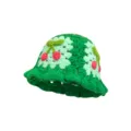 Handcrafted crochet bucket hat with vibrant green and blue colorblock and cute cherry motifs. - M (56-58cm) / Cherry Flower Style / Green