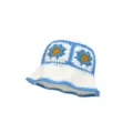 Handcrafted crochet bucket hat with floral granny square design, stylish knit sun cap for women. - M (56-58cm) / Contrast Color Flower Style / White