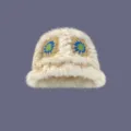 Süßer Plüsch Kaninchenfell Fischerhut handgemachte Häkelblumen Augen Design Damen Winter warm - M (56-58cm) / Hellkhaki und Blau Farbblock