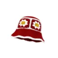Handmade crochet bucket hat with red base and white floral square patches for women stylish. - M (56-58cm) / Cherry Flower Style / Burgundy