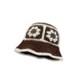 Handcrafted crochet bucket hat featuring retro brown and white floral granny square design. - M (56-58cm) / Cherry Flower Style / Coffee