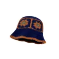 Handmade crochet bucket hat with floral granny square pattern, vintage knit fisherman cap. - M (56-58cm) / Cherry Flower Style / Navy Blue