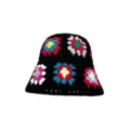 Handcrafted black crochet bucket hat with colorful floral granny square patterns. - M (56-58cm) / Heavy Craft Flower / Black
