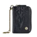 Black leather key case with crocodile texture, metal chain and secure zipper closure. - Black