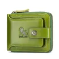 Green genuine leather men wallet with multiple card slots and zipper coin pocket for daily use. - Green