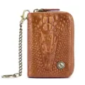 Vintage Brown Leather Key Case Crocodile Pattern Wallet With Chain and Card Slots - Tan