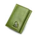 Green leather tri-fold wallet with lion logo, multi-card slots and compact design. - Green