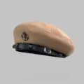 Khaki wool beret hat for women, vintage octagonal cap with black leather belt and metal anchor badge style - M (56-58cm) / Khaki