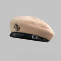Beige wool beret hat with black leather strap buckle and metal anchor accent for women - M (56-58cm) / Beige
