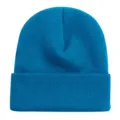 Vue détaillée du bonnet en tricot bleu avec texture côtelée douce et ourlet confortable - Taille Unique / Bleu Océan