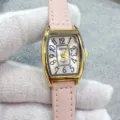 Kloris women's watch detail shot, tonneau gold case and pink leather strap with quartz movement. - Gold Case Pink Dial Pink Strap