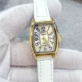Kloris women tonneau quartz watch with white leather strap and classic dial design detail. - Gold Case White Dial White Strap